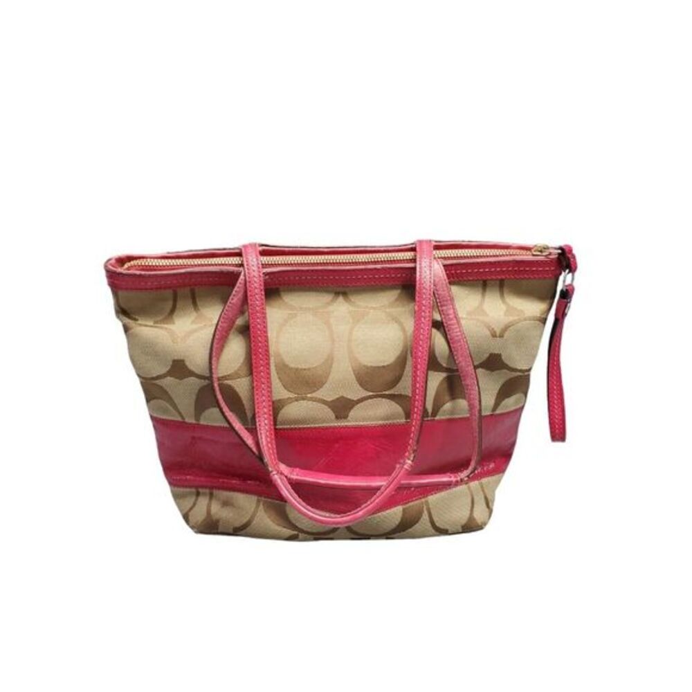 Coach Signature Tote Bag Womens Brown Tan  Fucshia Shoulder Strap with Wallet‎